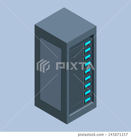 Isometric illustration of a modern server rack, containing various network servers and illuminated status indicators. 143871157