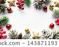 Christmas holiday frame with ornaments, pine cones and red berries 143871193
