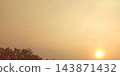 Golden sun sets behind hazy sky. Silhouetted trees frame the horizon. Distant bird flies across the scene. Soft light blankets the landscape. Peaceful, quiet moment captured in nature 143871432