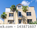 Residential building architecture. Architectural exterior. House exterior fragment. Modern apartment building pink color. Apartment building with palm trees. Low angle view of building 143871607