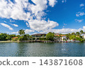 Luxury waterfront house. Hotel building. Residential architecture. Modern building. Residential apartment in panoramic waterfront city. Waterfront landscape with house. Vacation building in summer 143871608