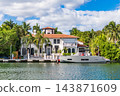 Hotel building. Residential architecture. Modern building. Residential apartment in waterfront city. Waterfront landscape with house. Private vacation building in summer. Luxury waterfront house 143871609