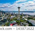 Architecture of aerial Space needle. Aerial view of Seattle with Space Needle tower cityscape. Seattle downtown skyline. Aerial Seattle. Space Needle. Modern Seattle district, Elliott Bay 143871622