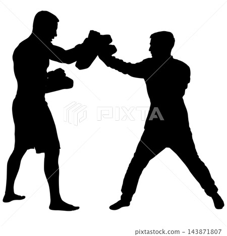 Boxers Training Together Practicing Punches in Fighting Stance Silhouette 143871807