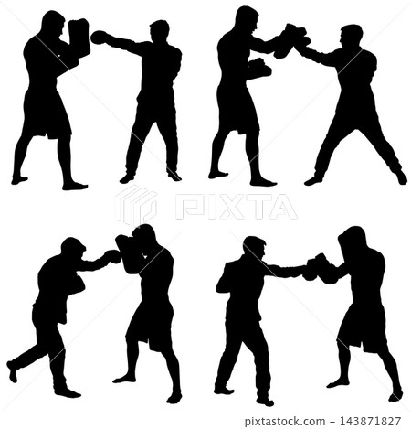 Set of Boxers Training Together in Different Fighting Poses Silhouettes Set of Boxers Training Together in Different Fighting Poses Silhouettes 143871827