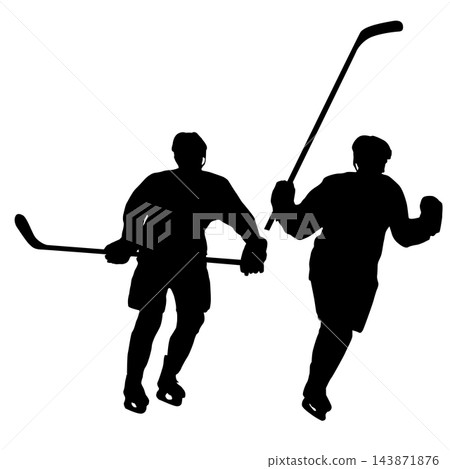 Set of Ice Hockey Players with Sticks and Pucks Silhouettes Set of Ice Hockey Players with Sticks and Pucks Silhouettes 143871876