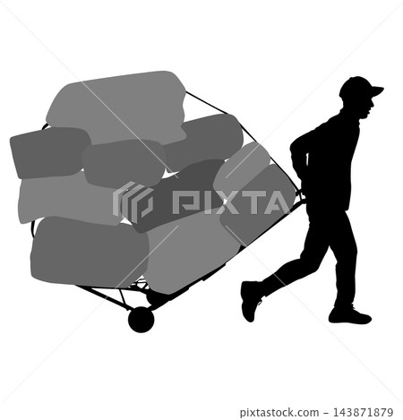 Male Worker Transporting Bundled Packages on Hand Truck Black Silhouette Male Worker Transporting Bundled Packages on Hand Truck Black Silhouette 143871879