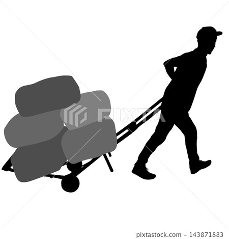 Male Worker Transporting Bundled Packages on Hand Truck Black Silhouette Male Worker Transporting Bundled Packages on Hand Truck Black Silhouette 143871883