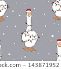 Seamless pattern with funny goose in Santa hat wrapped in Christmas lights. Holiday goose background, isolated vector illustration. 143871952
