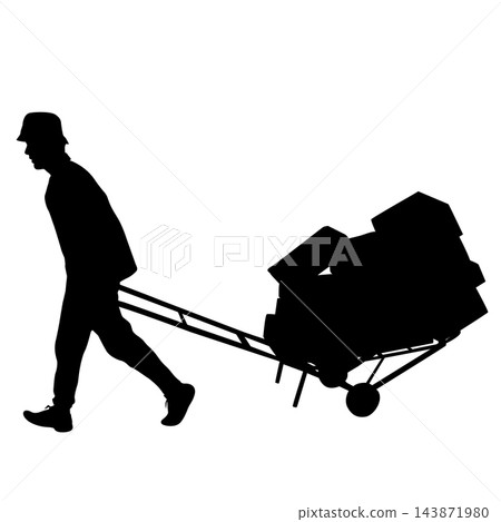 Male Worker Transporting Bundled Packages on Hand Truck Black Silhouette 143871980