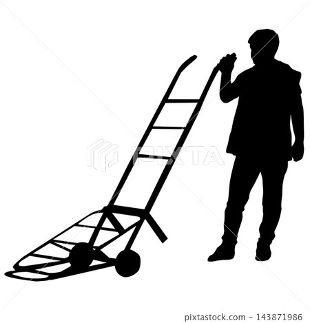 Male Worker Transporting Bundled Packages on Hand Truck Black Silhouette Male Worker Transporting Bundled Packages on Hand Truck Black Silhouette 143871986