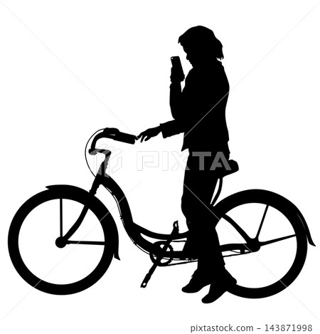 Woman Stopping on Bicycle to Check Smartphone Black Silhouette 143871998