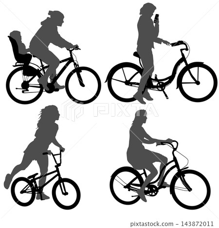 Set of Bicycle Riders and Cyclists in Different Poses Black Silhouettes Set of Bicycle Riders and Cyclists in Different Poses Black Silhouettes 143872011