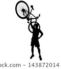 Man Holding Bicycle Above His Head with One Raised Arm Black Silhouette 143872014