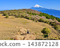 伊豆半島上的金冠山，富士山巍峨聳立在春色似火的草甸之上。 143872128