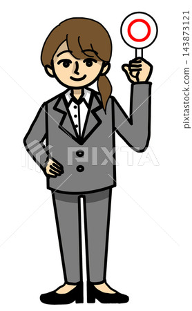 A female employee/businessperson smiles and answers with a sign that says "Correct." A female employee/businessperson smiles and answers with a sign that says "Correct." 143873121
