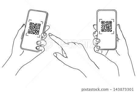 A set of hand-drawn style line art illustrations of a hand making a QR code payment with a smartphone (cashless payment, accounting, operation, materials). A set of hand-drawn style line art illustrations of a hand making a QR code payment with a smartphone (cashless payment, accounting, operation, materials). 143873301