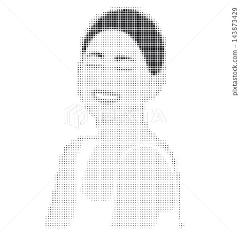 Halftone square pixel woman portrait vector illustration. Abstract minimal face silhouette with fading gradient. Halftone square pixel woman portrait vector illustration. Abstract minimal face silhouette with fading gradient. 143873429