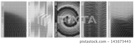 Halftone dotted optical illusion swirl vortex pattern set. Abstract vector monochrome dots gradient texture. Halftone dotted optical illusion swirl vortex pattern set. Abstract vector monochrome dots gradient texture. 143873443