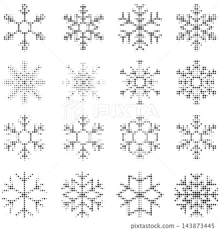 Monochrome halftone dotted snowflake icon set. Abstract winter ice crystal symbol with fading dot pattern. 143873445
