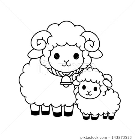 A black and white illustration of a mother sheep and her calf, suitable for New Year's cards for the Year of the Sheep. A black and white illustration of a mother sheep and her calf, suitable for New Year's cards for the Year of the Sheep. 143873553