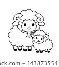 A black and white illustration of a mother sheep and her calf, suitable for New Year's cards for the Year of the Sheep. 143873554