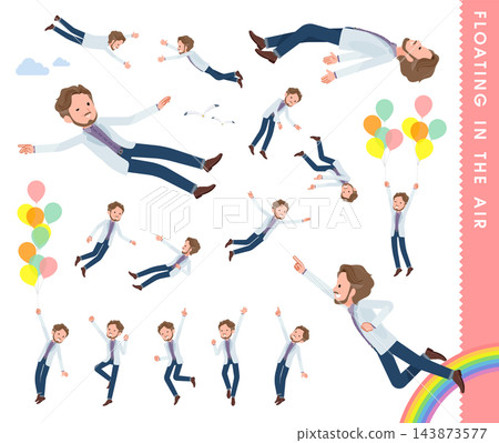 A set of a middle-aged man in a white jacket floating in mid-air. 143873577