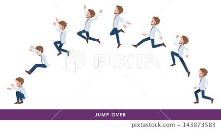 A set of middle-aged men in white jackets leaping high. A set of middle-aged men in white jackets leaping high. 143873583