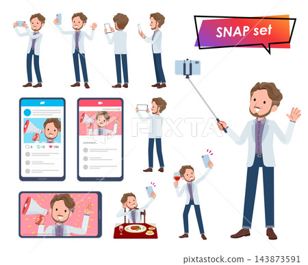 A set of a middle-aged man in a white jacket taking a photo with his smartphone. A set of a middle-aged man in a white jacket taking a photo with his smartphone. 143873591