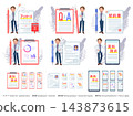 A set of various documents and a middle-aged man in a white jacket. 143873615