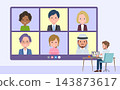A set of middle-aged men in white jackets video chatting with multiple people. 143873617