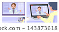 A set of middle-aged men in white jackets video chatting. 143873618