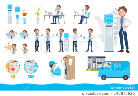 A set featuring a water dispenser and a middle-aged man in a white jacket. This is easily editable vector art. 143873620