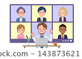 A set of middle-aged men in white jackets participating in an online meeting with multiple people. Front view. 143873621