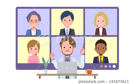 一群身穿白色外套的中年男子正在參加多人線上會議。正面視角。 一群身穿白色外套的中年男子正在參加多人線上會議。正面視角。 143873621