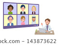 A set featuring a middle-aged man in a white jacket participating in an online meeting with multiple people. The angle is deep. 143873622