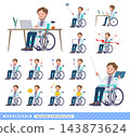 Set of a middle-aged man in a wheelchair wearing a white jacket. 143873624