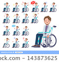 Set of a middle-aged man in a wheelchair wearing a white jacket. 143873625