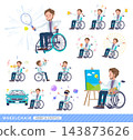 Set of a middle-aged man in a wheelchair wearing a white jacket. 143873626