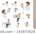 A set of a middle-aged man in a white jacket communicating with a baby. 143873628