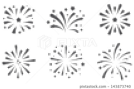 Halftone dotted firework and explosion splash icon set. Abstract bursting star symbol collection with fading dot pattern. Halftone dotted firework and explosion splash icon set. Abstract bursting star symbol collection with fading dot pattern. 143873740
