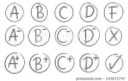 Halftone dotted school grading and evaluation icon set. Letter grades A, B, C, D, F, plus, cross and checkmark symbols with fading dot pattern. Halftone dotted school grading and evaluation icon set. Letter grades A, B, C, D, F, plus, cross and checkmark symbols with fading dot pattern. 143873747