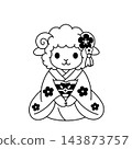 A cute black and white illustration of a sheep wearing a floral kimono, perfect for New Year's cards for the Year of the Sheep. 143873757