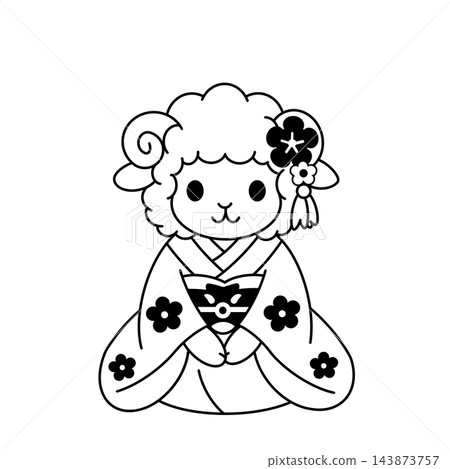A cute black and white illustration of a sheep wearing a floral kimono, perfect for New Year's cards for the Year of the Sheep. A cute black and white illustration of a sheep wearing a floral kimono, perfect for New Year's cards for the Year of the Sheep. 143873757