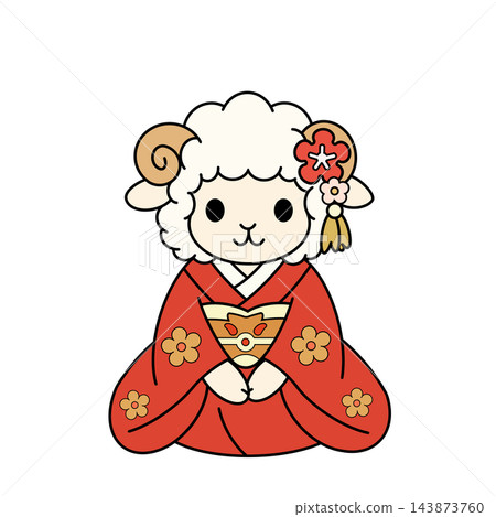 一幅可愛多彩的插圖,描繪了一隻穿著花卉和服的綿羊,非常適合作為羊年的新年賀卡。 一幅可愛多彩的插圖,描繪了一隻穿著花卉和服的綿羊,非常適合作為羊年的新年賀卡。 143873760