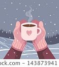 Hands in Mittens Holding Steaming Hot Mug in Snowy Winter Landscape. Winter poster. Illustration for greeting cards, banners. 143873941
