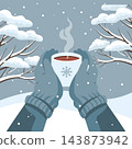 Hands in Mittens Holding Steaming Hot Mug against a backdrop of snowy forest. Winter poster. Illustration for greeting cards, banners. 143873942