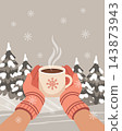 Person Holding Hot Coffee Mug against a backdrop of snowy pine trees. Winter poster. Illustration for greeting cards, banners. 143873943