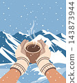 Person Holding Hot Coffee Mug in Snowy Mountains. Winter poster. Illustration for greeting cards, banners. 143873944