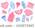 Menstrual Health and Feminine Hygiene Elements Set. Menstrual cup, tampons, panties, monthly calendar, sanitary napkin and pills. 143873945